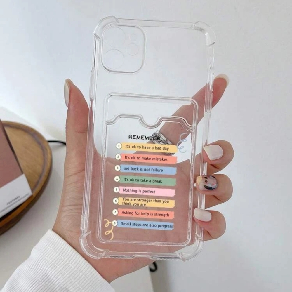 Letter Graphic Clear Card Slot Phone Case